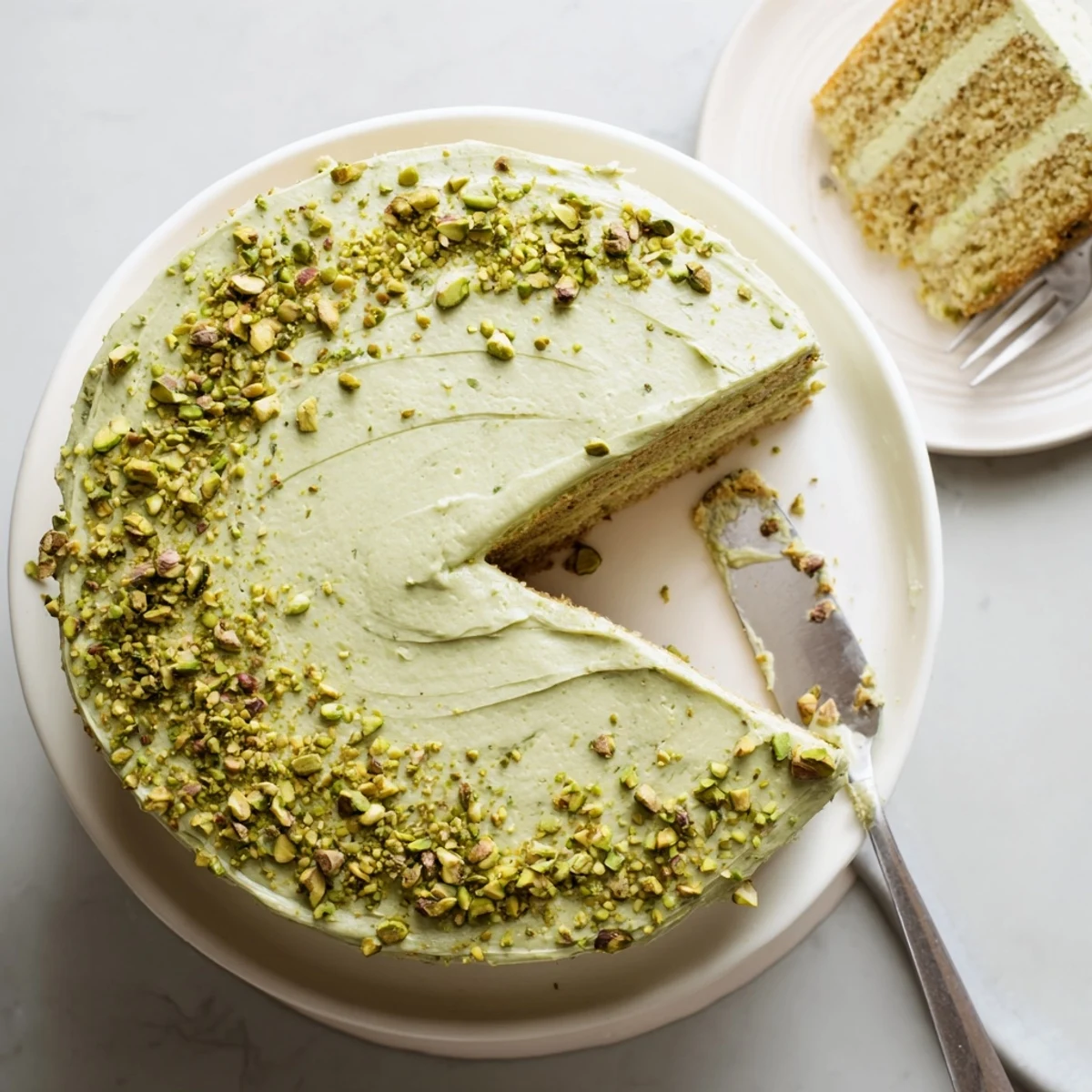 Moist pistachio cake layered with creamy green buttercream and topped with chopped nuts