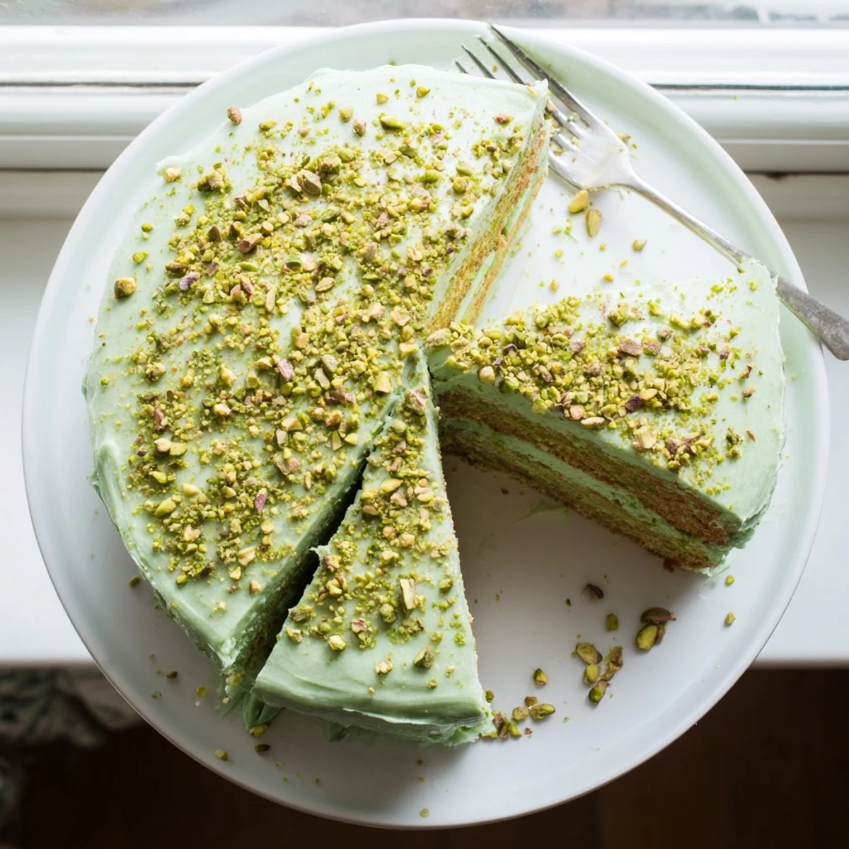 Slice of pistachio cake with pistachio buttercream frosting on a white dessert plate