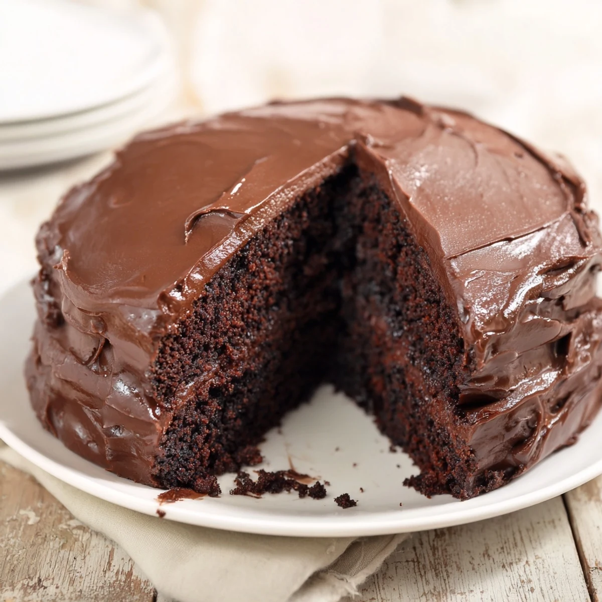 Decadent Matildas chocolate cake slice revealing moist dark chocolate crumbs and rich frosting