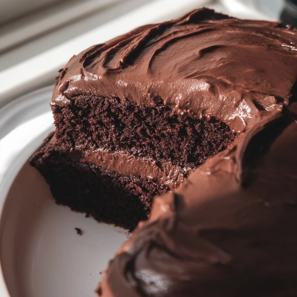 Matildas chocolate cake with creamy cocoa frosting layered on a serving plate