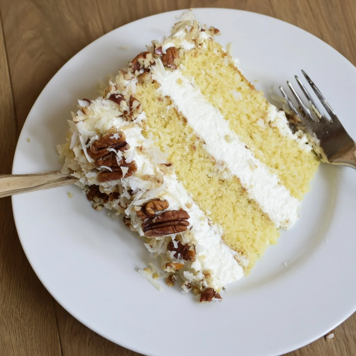 Frosted Italian cream cake on white plate with toasted coconut and pecan garnish against bright background