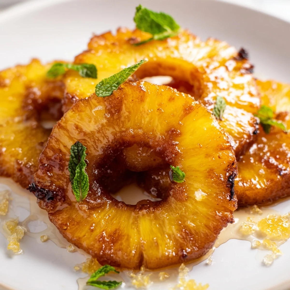 Golden brown air fryer pineapple rings dusted with cinnamon sugar and lime zest