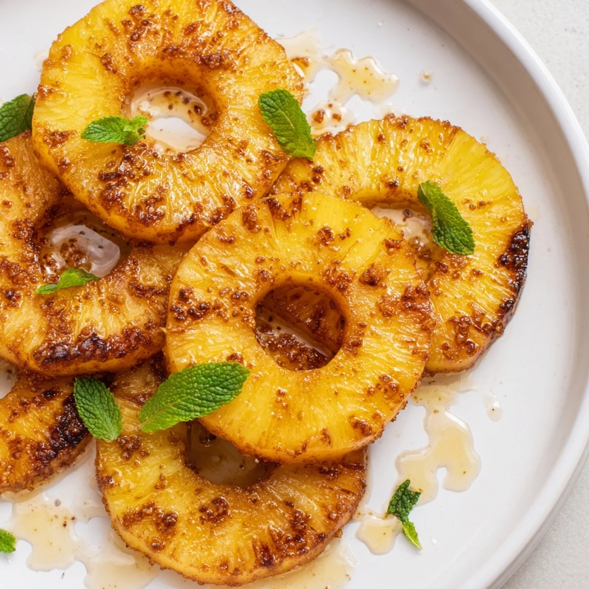 Caramelized air fryer pineapple slices drizzled with honey and topped with fresh mint