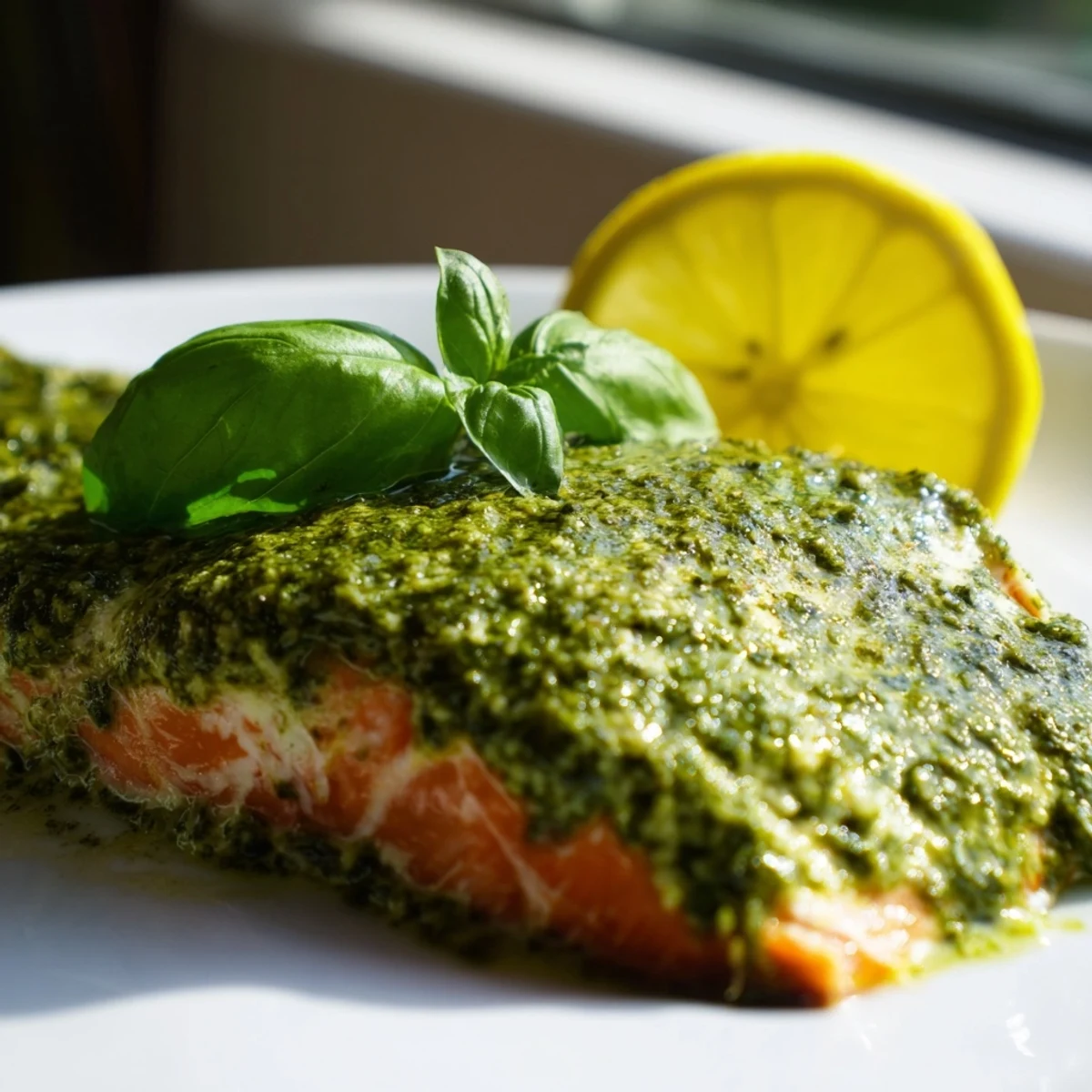 Oven-baked salmon topped with vibrant green pesto butter sauce, garnished with fresh lemon wedges