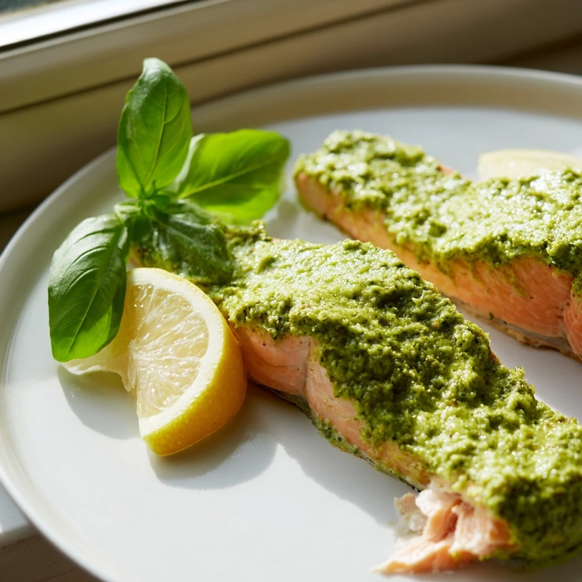 Moist salmon fillet with creamy pesto butter topping, served hot on a white baking tray