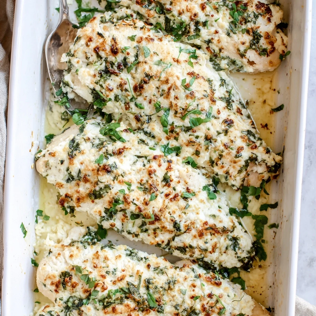 Golden baked chicken breasts topped with bubbly melted ricotta cheese and fresh herbs