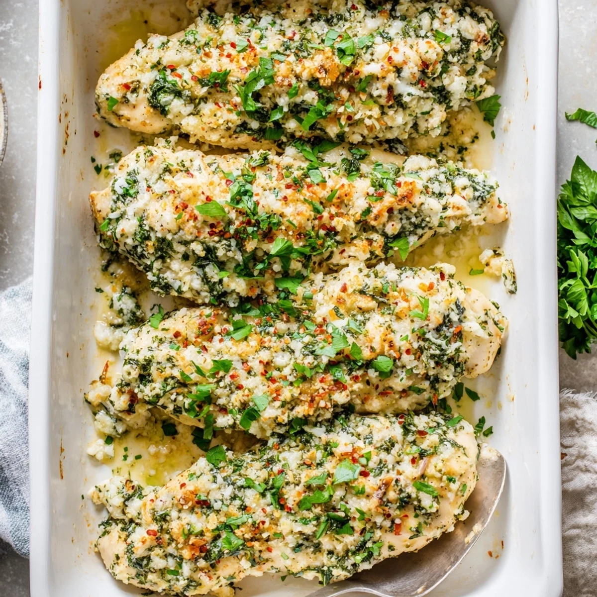 Creamy baked ricotta chicken dish fresh from the oven with golden herb crust