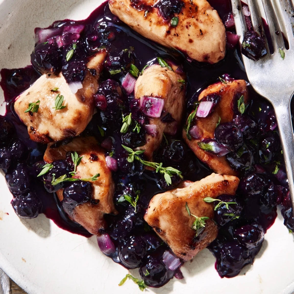 Golden seared chicken breasts drizzled with glossy purple blueberry thyme sauce on white plate