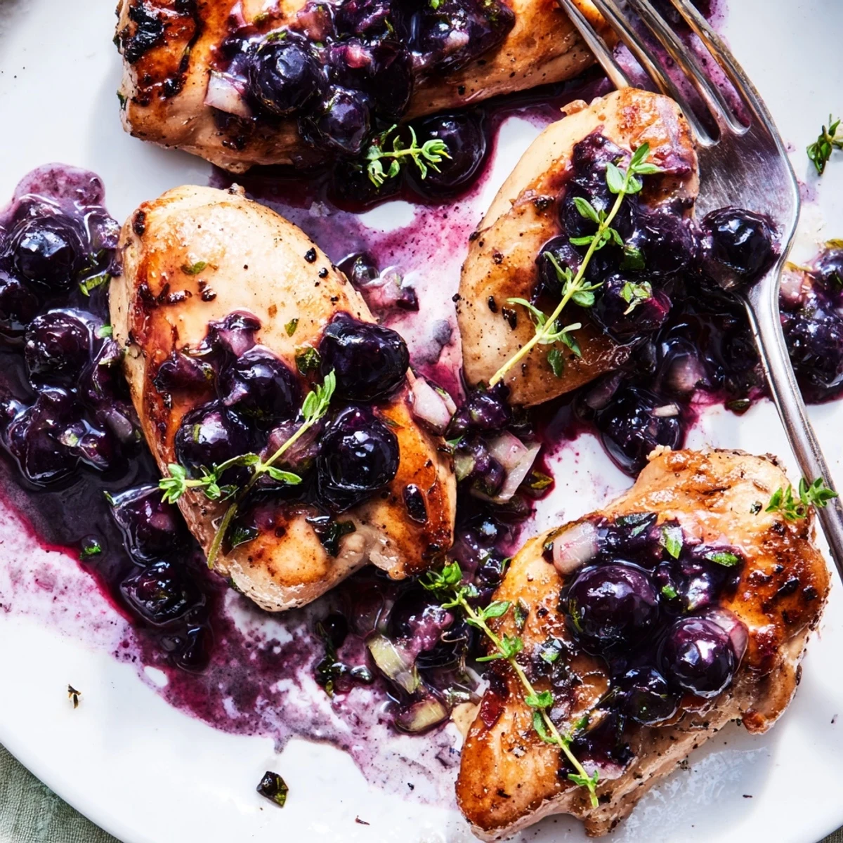 Savory blueberry thyme chicken garnished with fresh thyme sprigs and simmered sauce