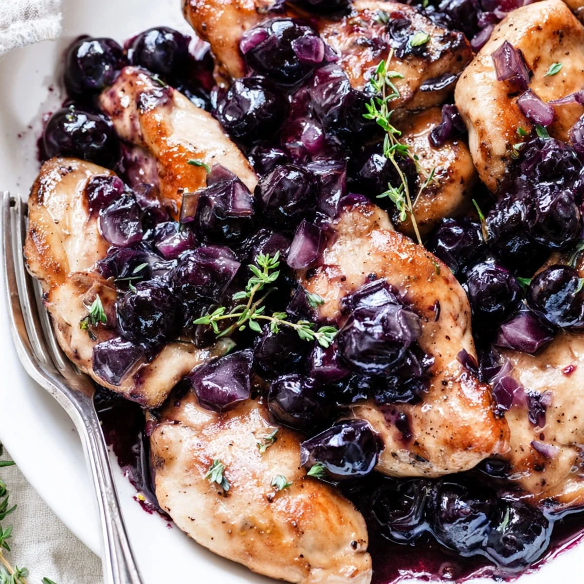Pan-seared chicken finished with sweet and tangy blueberry reduction sauce on dinner plate