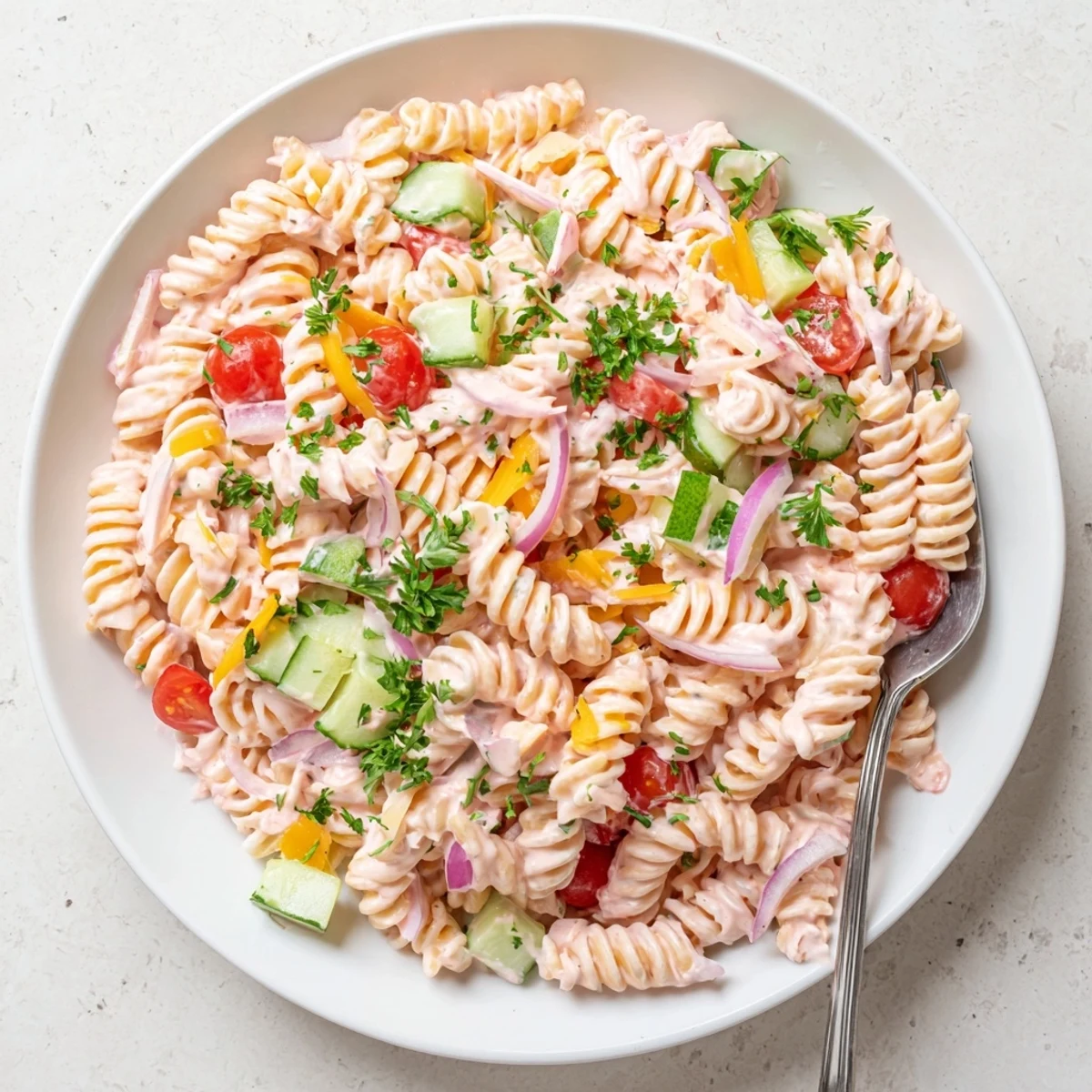 Creamy Pink Cadillac pasta salad featuring colorful vegetables and tangy pink dressing in a serving bowl.