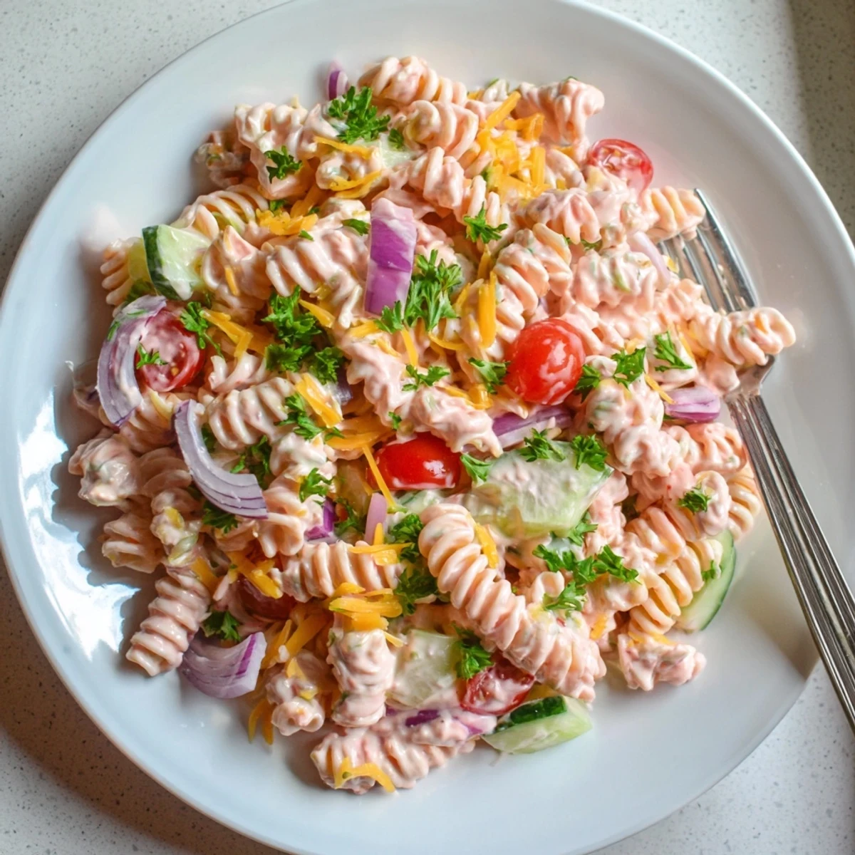 Vibrant Pink Cadillac pasta salad with cherry tomatoes, red peppers, and creamy pink dressing on a white plate.
