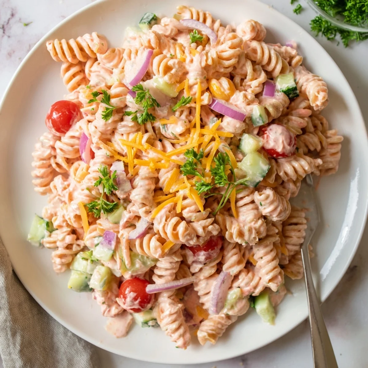 Close-up of Pink Cadillac pasta salad showing tender pasta tossed in pink dressing with fresh vegetables and parsley.