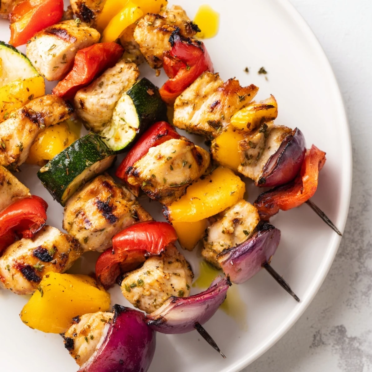 Juicy Chicken Kabobs On The Grill with charred veggies and lemony aroma
