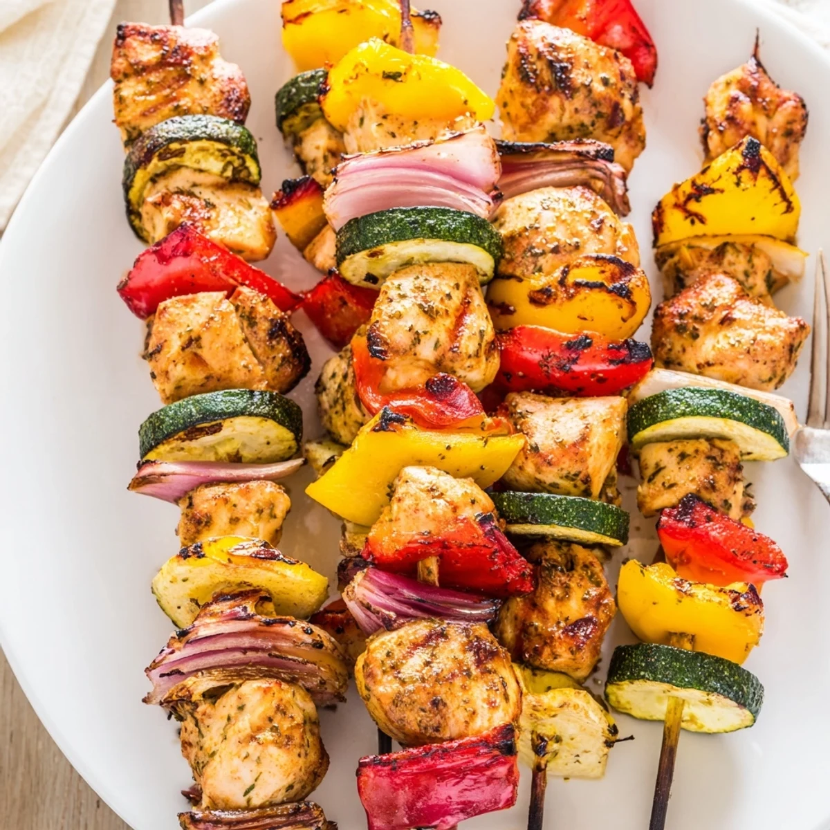 Sizzling Chicken Kabobs On The Grill, skewered with colorful peppers and onions