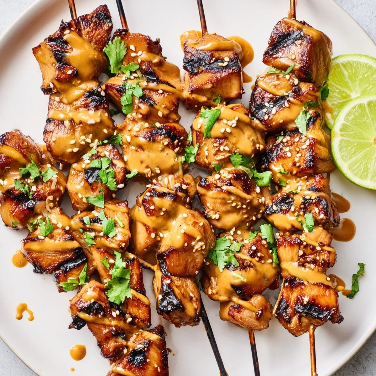 Weeknight Grilled Bang Bang Chicken Skewers served over rice with tangy sauce.