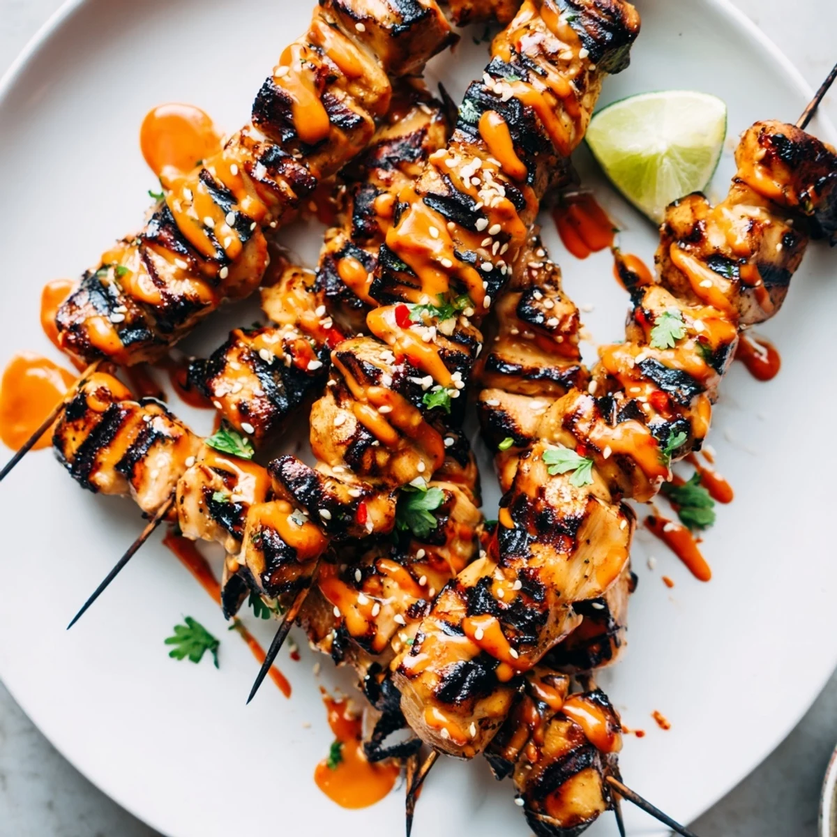Smoky Grilled Bang Bang Chicken Skewers glazed with spicy, creamy sauce.