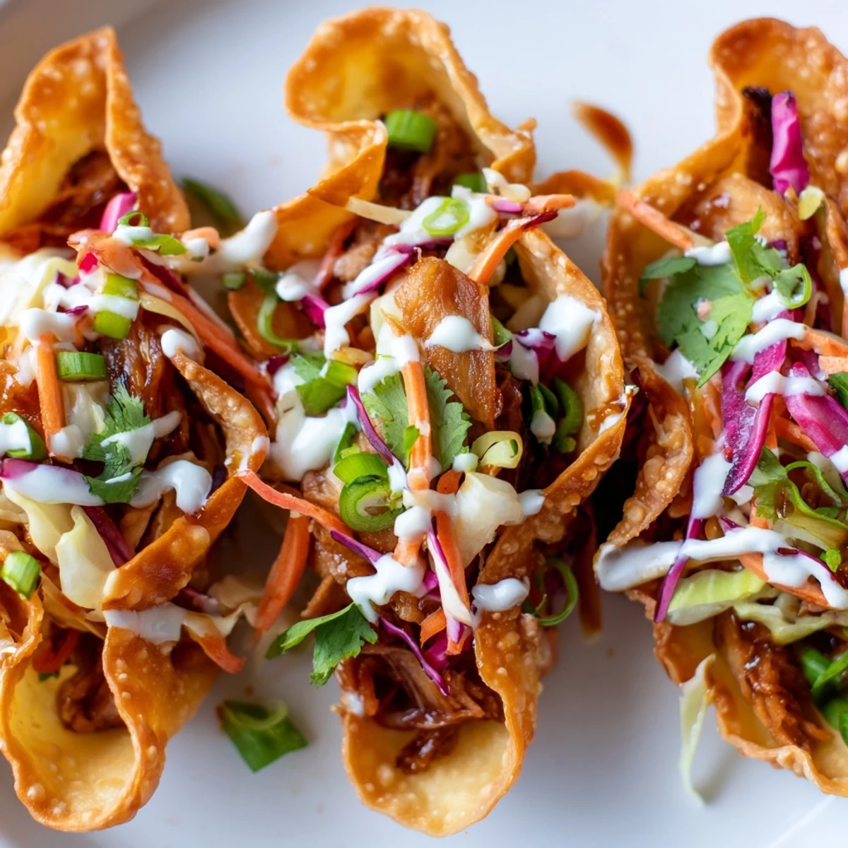 Golden crispy Asian chicken wonton tacos filled with seasoned meat and colorful crunchy vegetable slaw