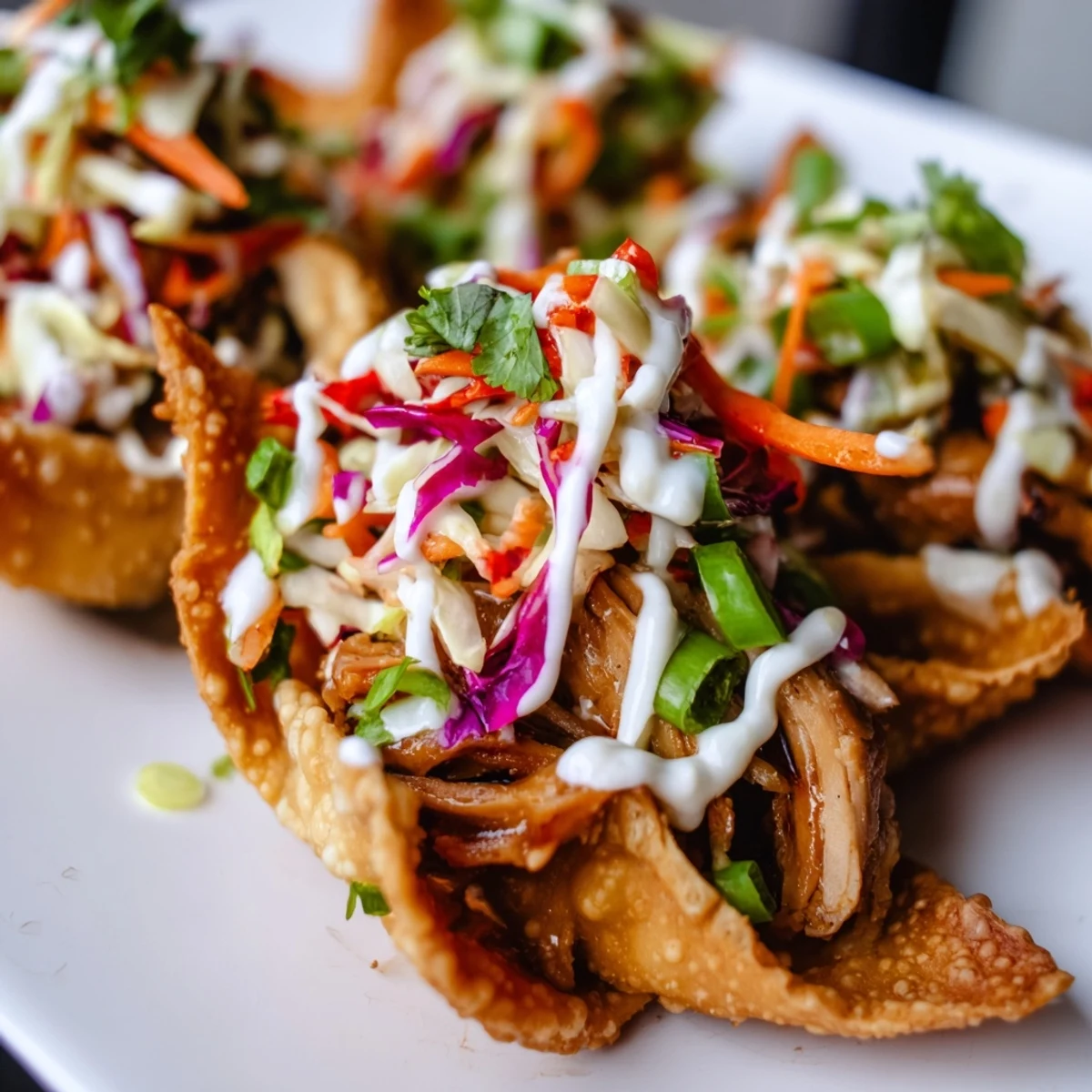 Handheld crispy wonton shell tacos stuffed with savory Asian chicken and tangy bright coleslaw topping