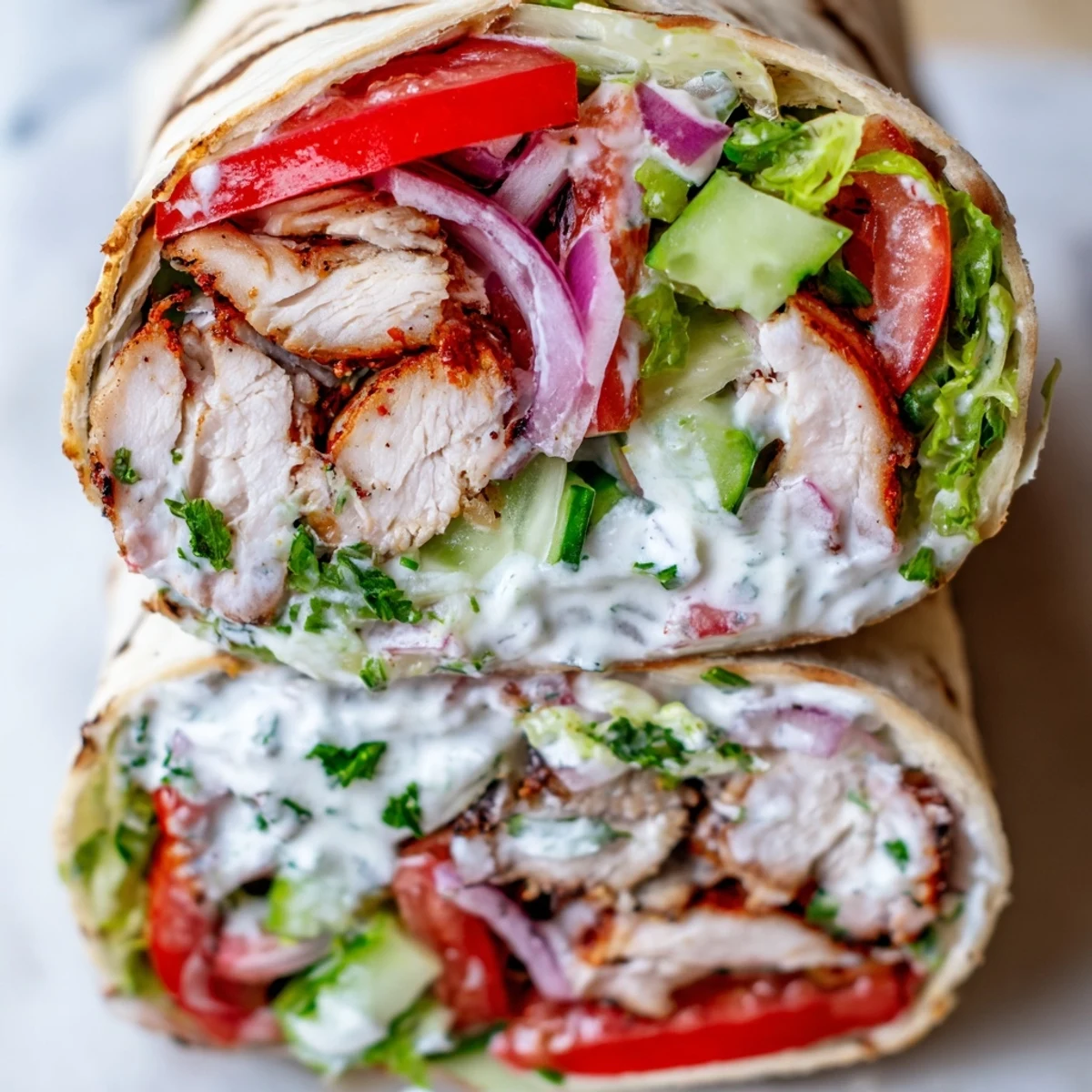 Golden garlic chicken shawarma wrap spilling with crisp vegetables and creamy garlic sauce