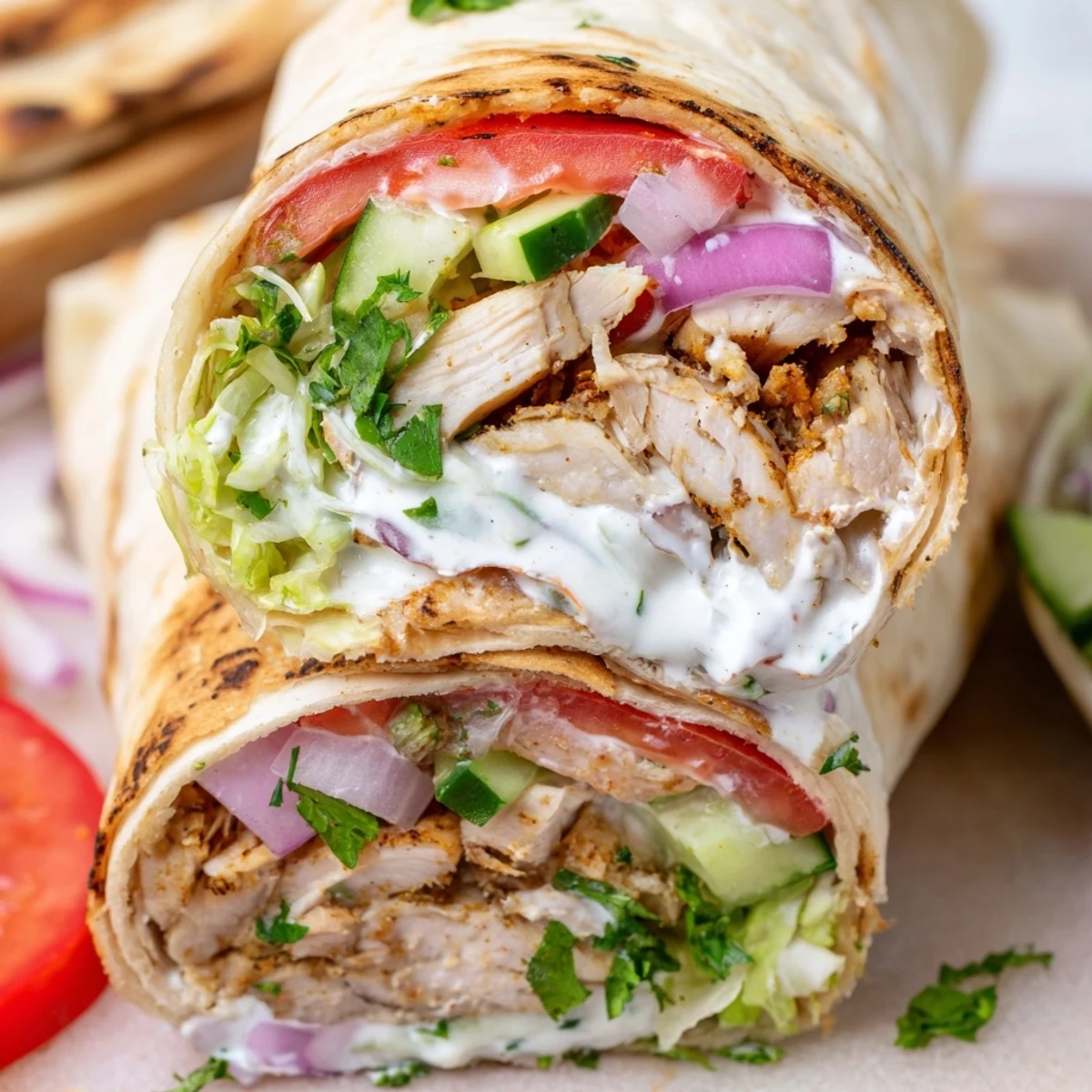 Sliced garlic chicken shawarma wrap revealing layers of fresh tomatoes cucumber lettuce and parsley