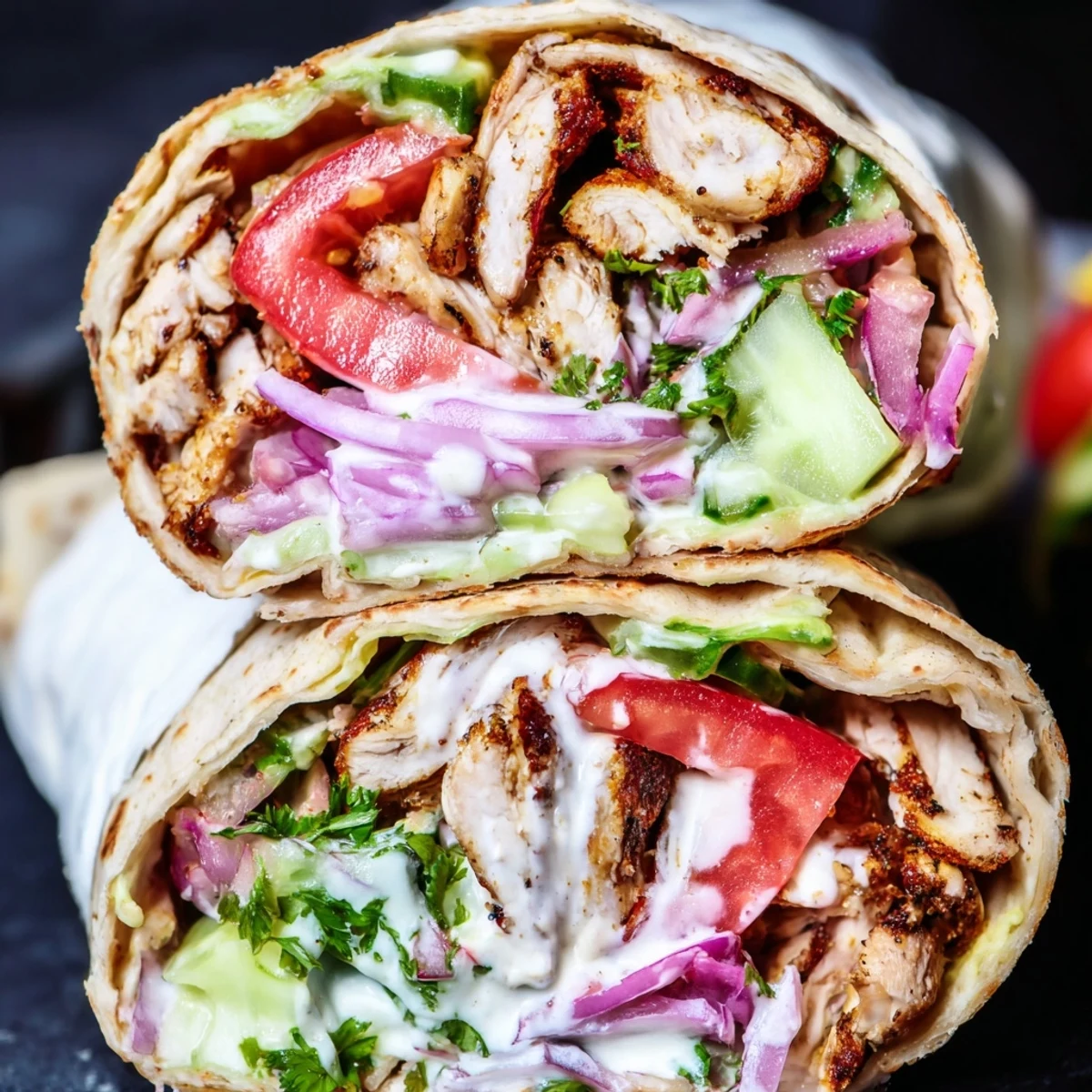 Soft flatbread folded around spiced garlic chicken shawarma with crunchy onions and tangy sauce