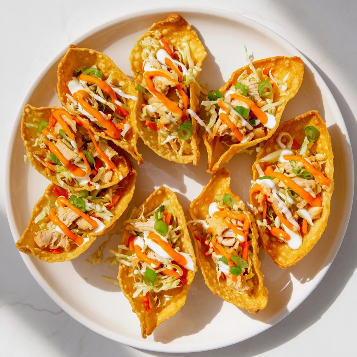 Crispy golden chicken wonton tacos topped with colorful purple cabbage slaw and spicy sriracha mayo drizzle
