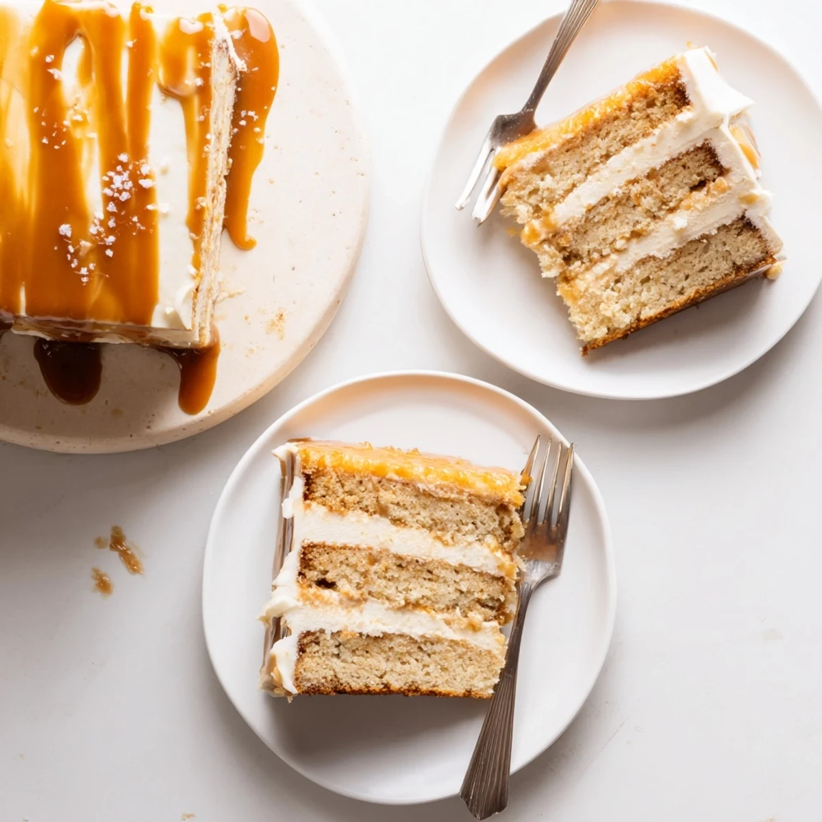 Golden salted caramel brown butter banana cake with luscious caramel frosting dripping down the sides