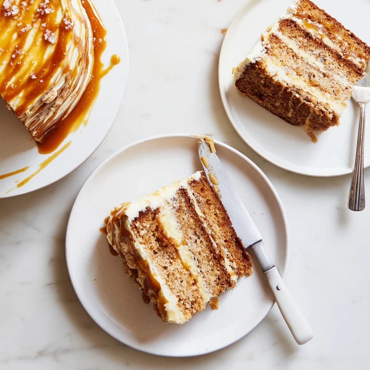Slice of moist banana cake with brown butter notes topped with salted caramel frosting and sea salt flakes