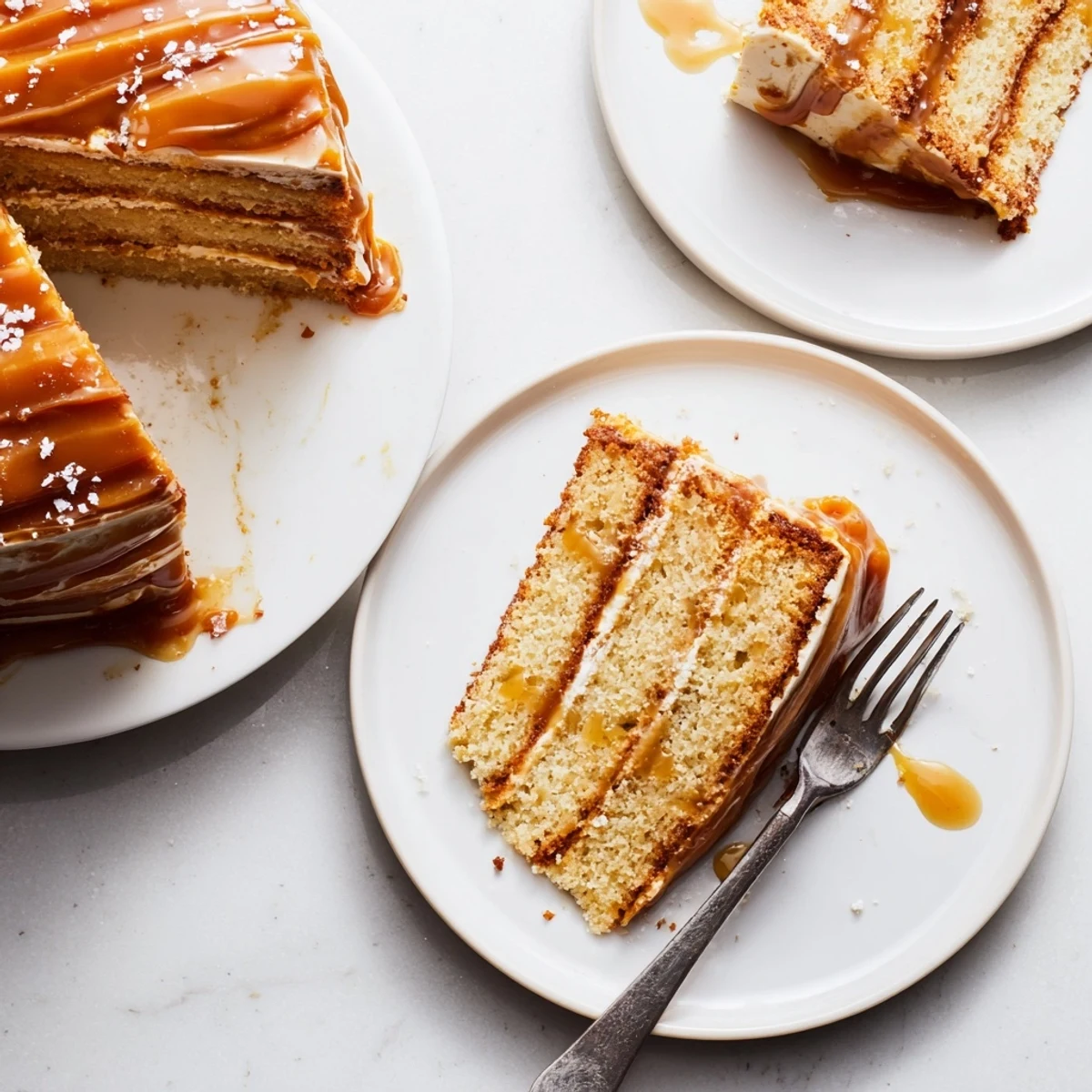 Decadent two-layer banana cake featuring brown butter and swirled salted caramel sauce on a white plate