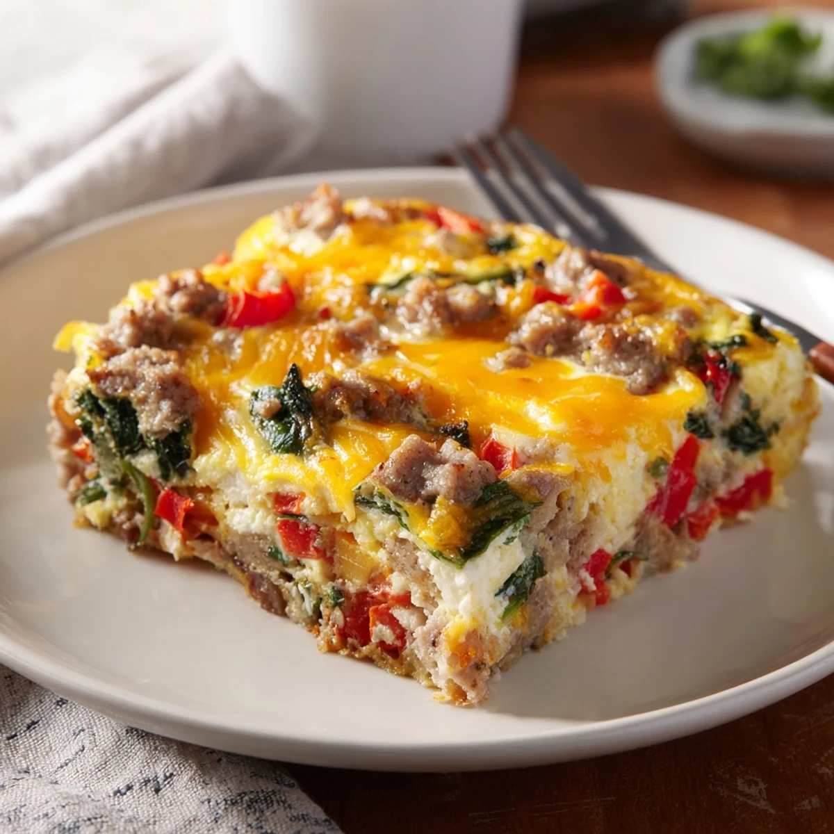 Golden high protein egg casserole with melted cheddar, colorful bell peppers, and spinach