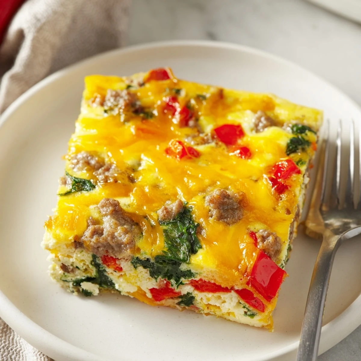 Baked high protein egg casserole featuring eggs, turkey sausage, and vibrant vegetables in casserole dish