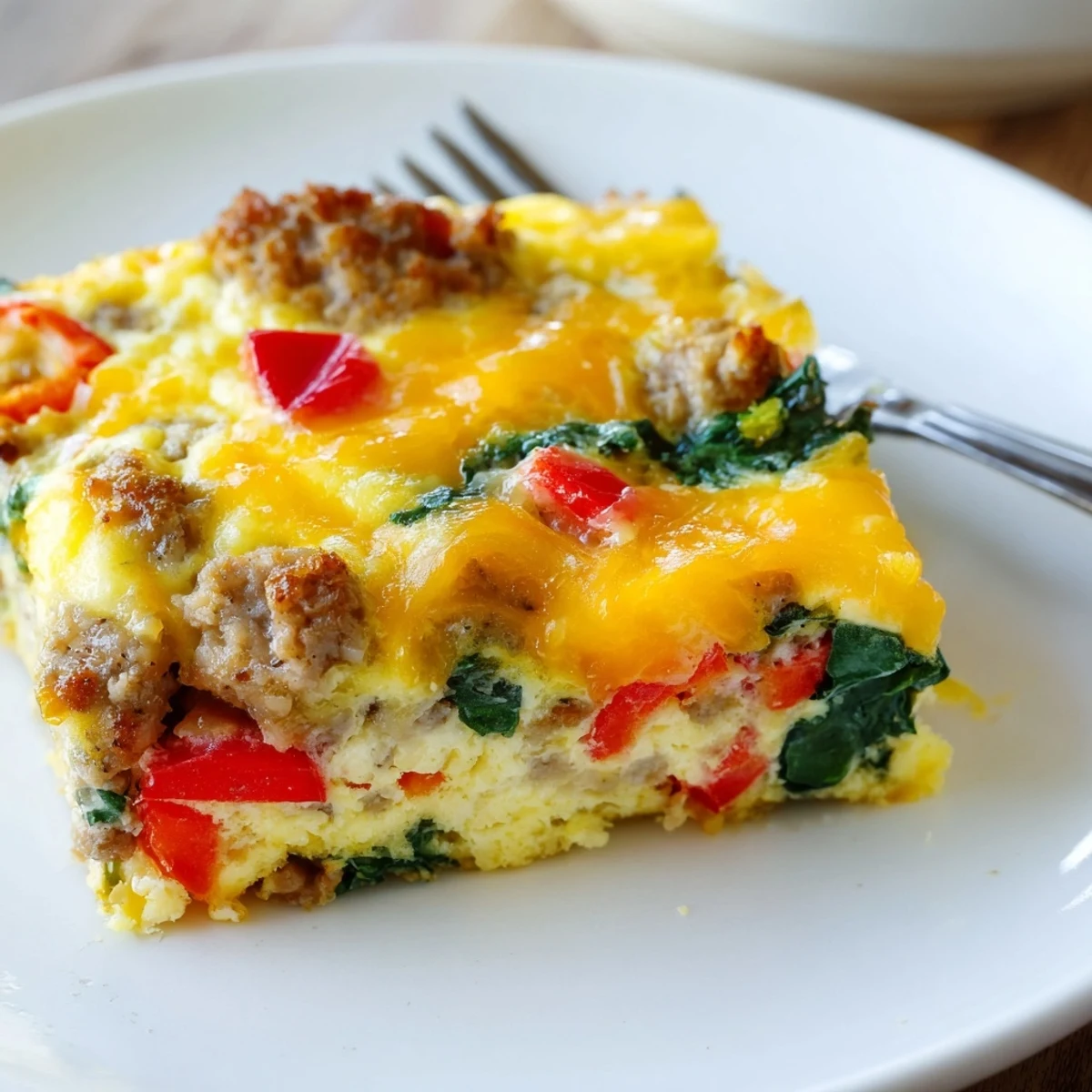 Sliced high protein egg casserole with turkey sausage, vegetables, and cheesy topping on white plate