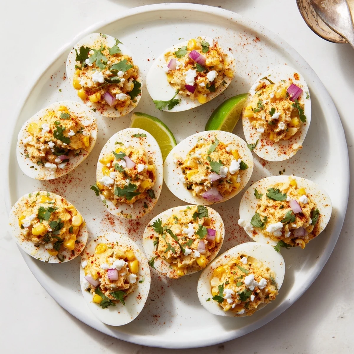 Creamy Mexican Street Corn Deviled Eggs topped with crumbly cotija cheese and fresh cilantro garnish