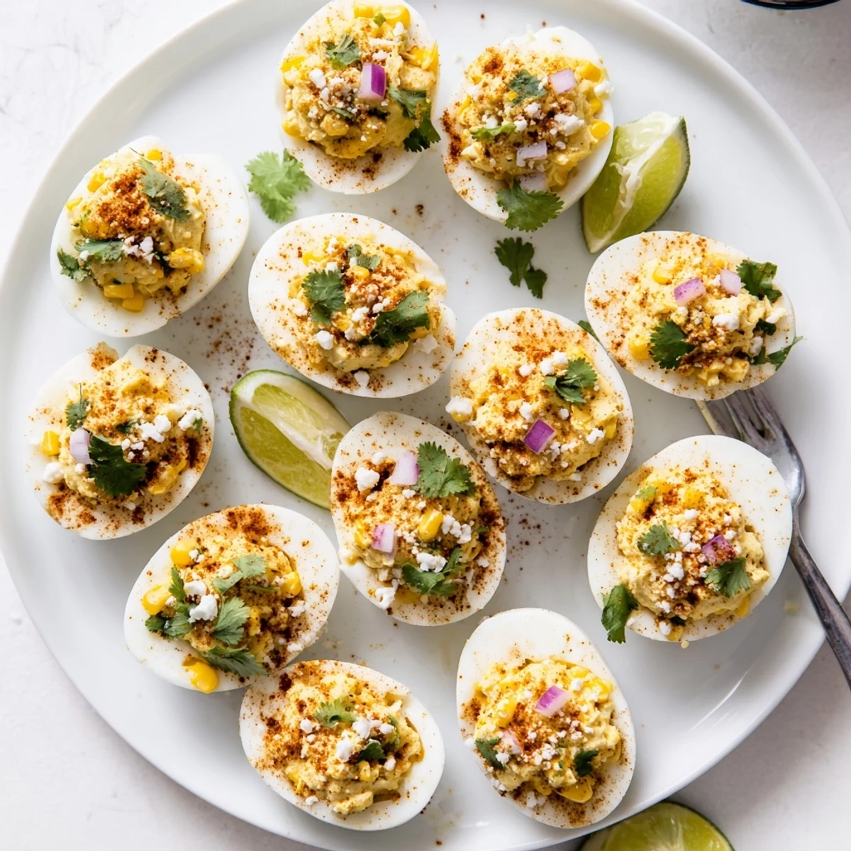 Vibrant platter of Mexican Street Corn Deviled Eggs sprinkled with Tajín and bright green cilantro