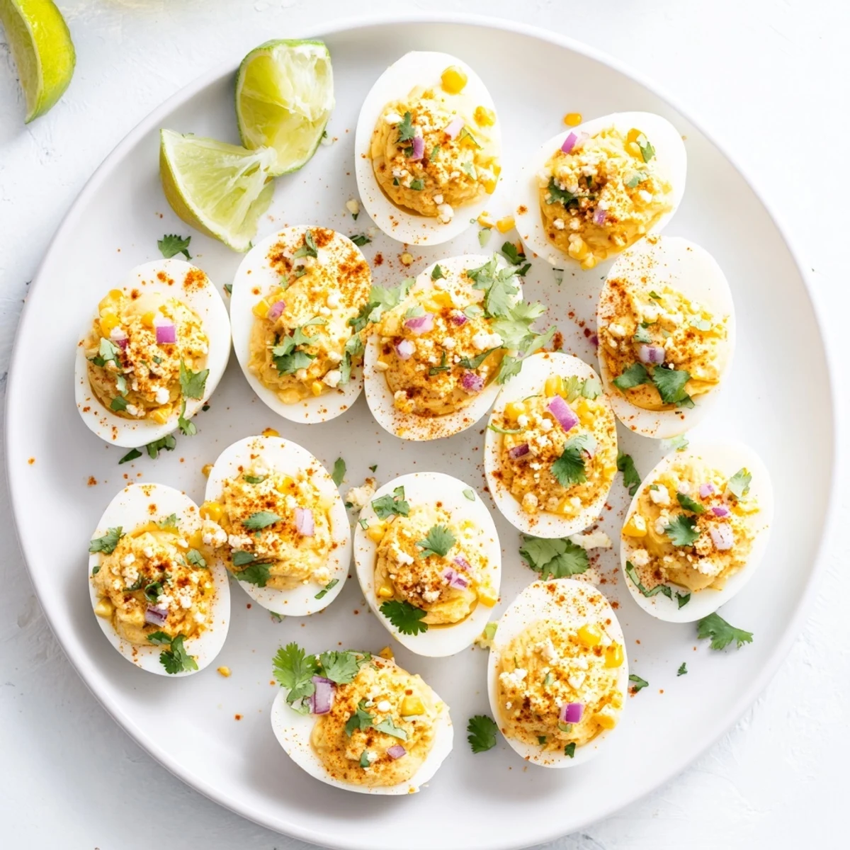 Golden corn and spicy deviled egg filling nestled in white egg halves with lime wedges