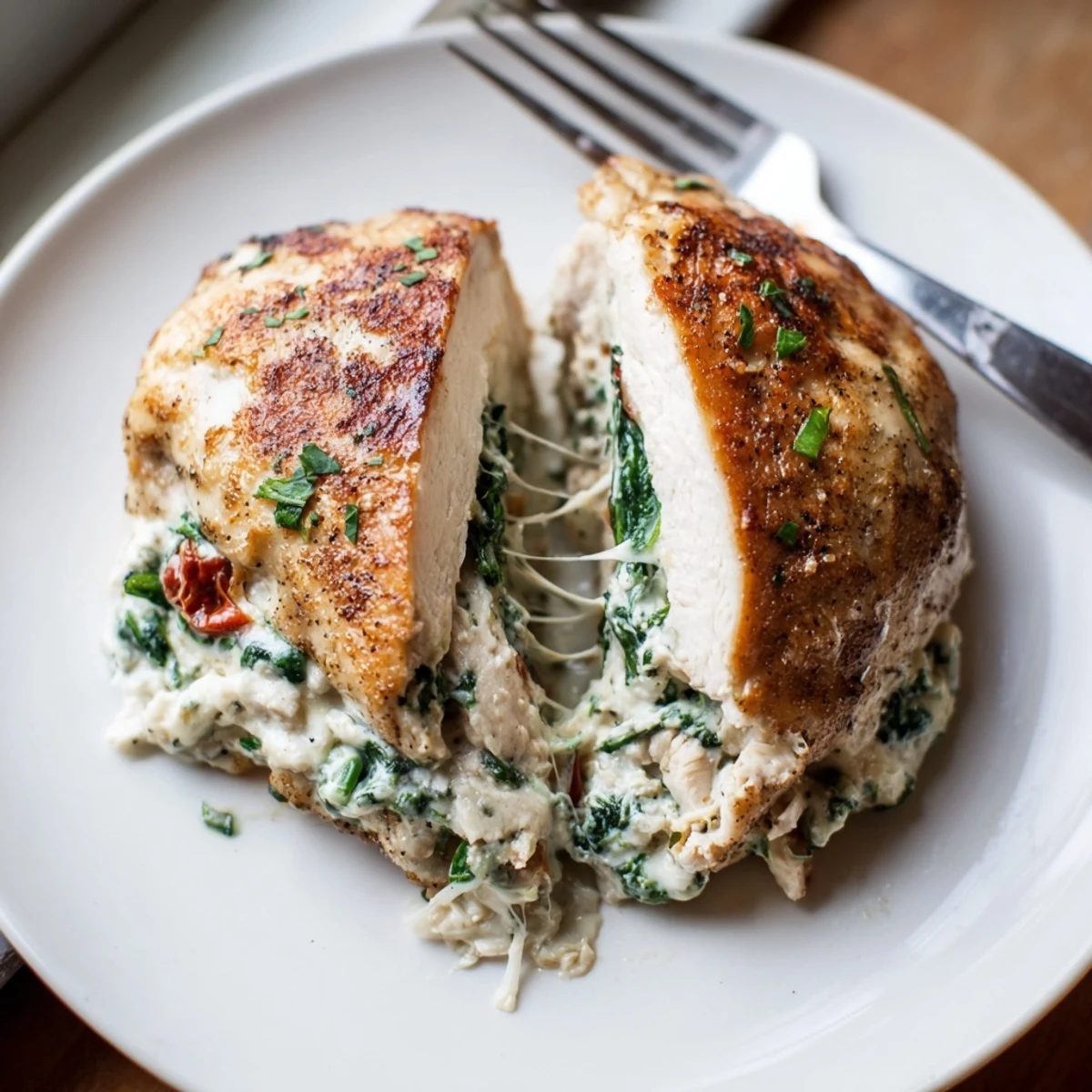Golden seared Cheesy Spinach Stuffed Chicken Sun Dried Tomato Flavor, oozing melted mozzarella