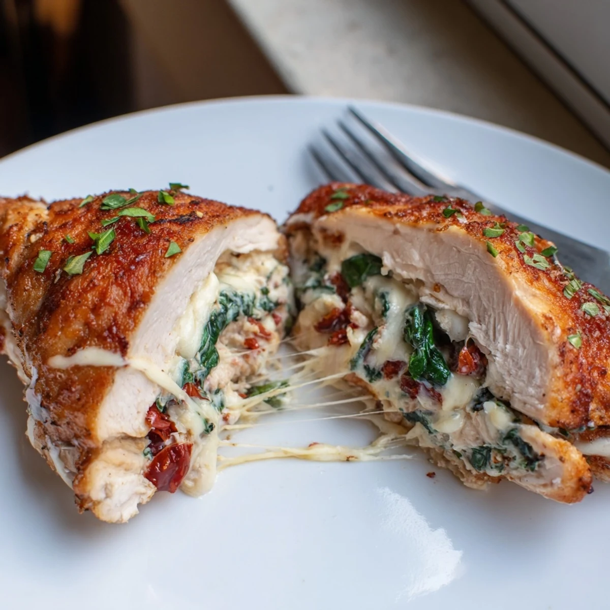 Plated Cheesy Spinach Stuffed Chicken Sun Dried Tomato Flavor with basil garnish and glistening juices