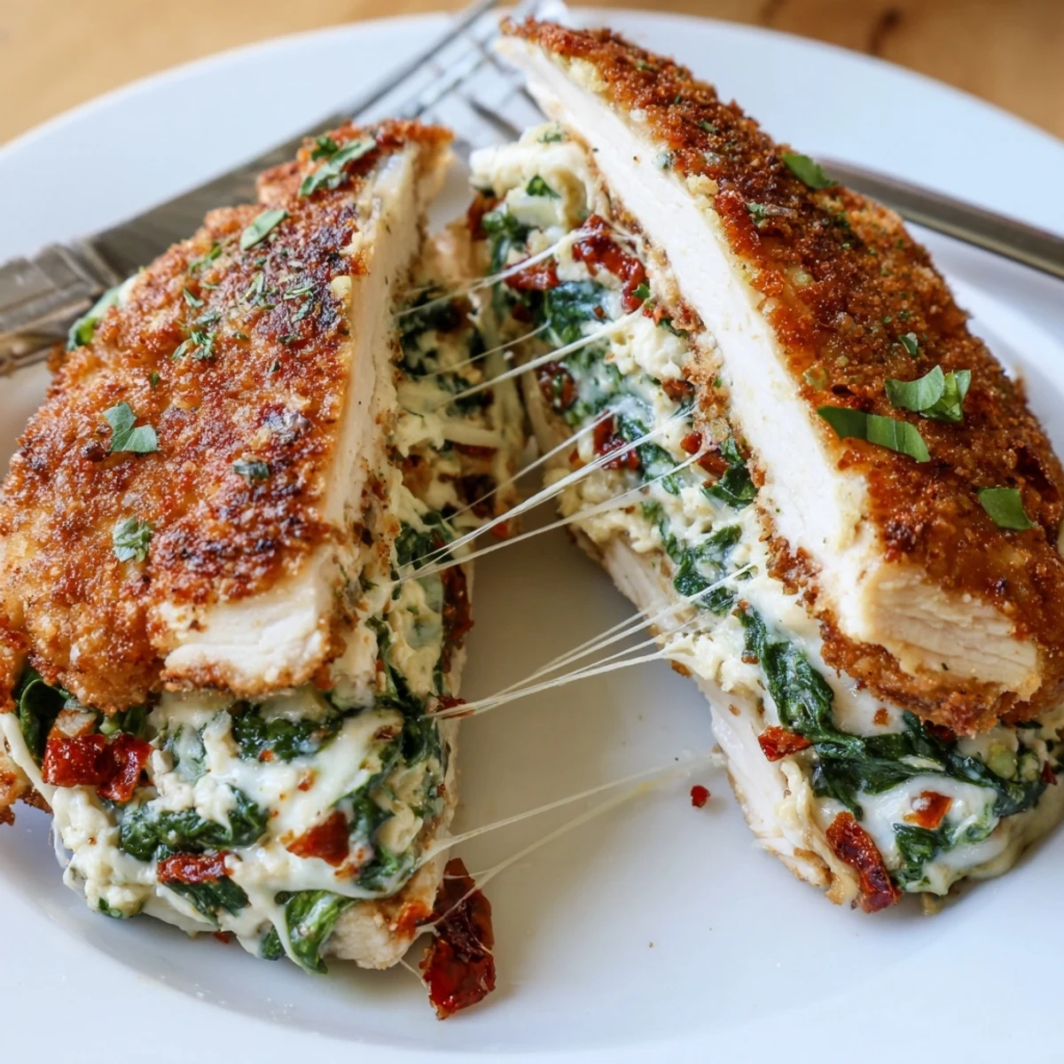 Comforting Cheesy Spinach Stuffed Chicken Sun Dried Tomato Flavor served alongside lemony roasted potatoes
