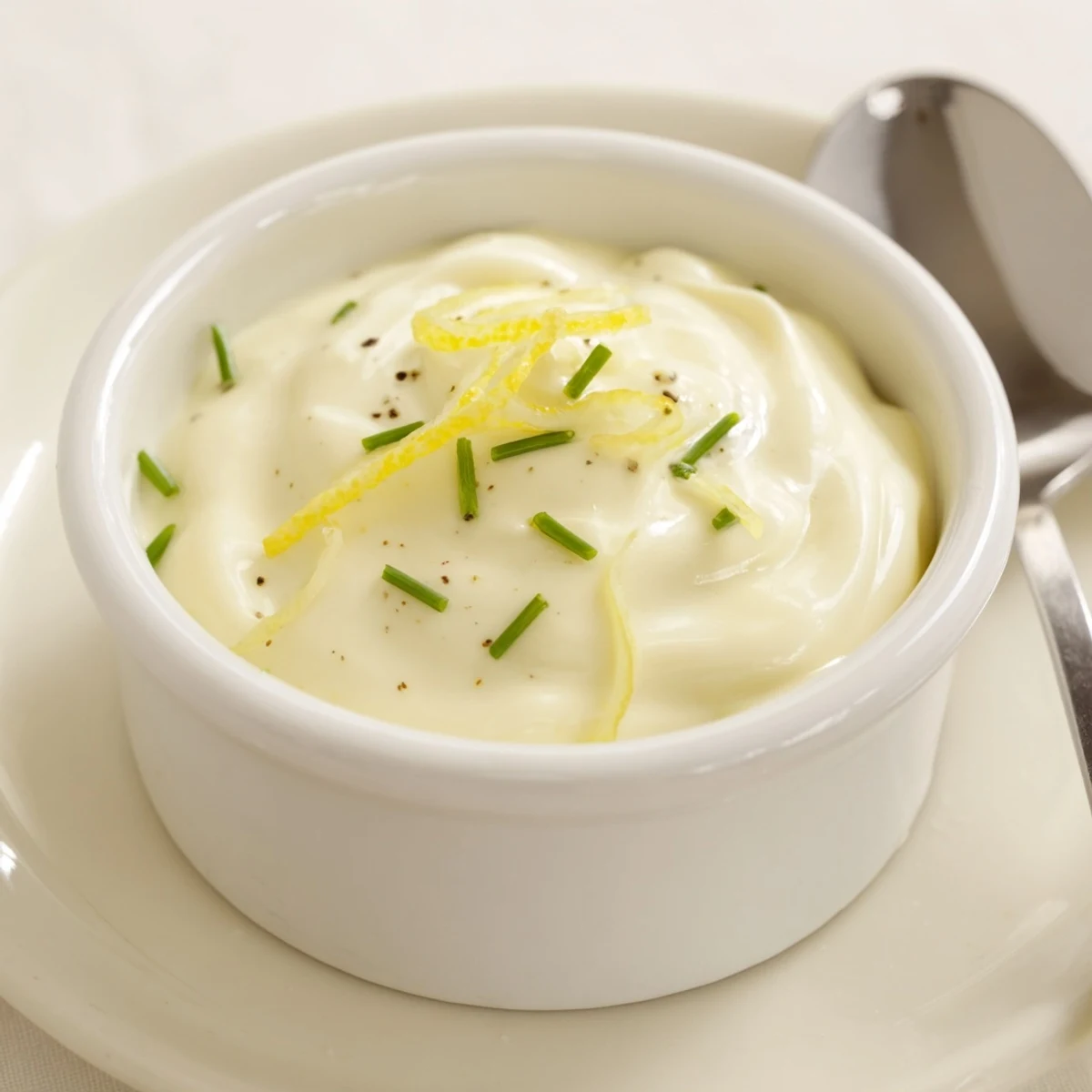 Creamy Tangy Sauce glistening in bowl, silky texture, lemony brightness