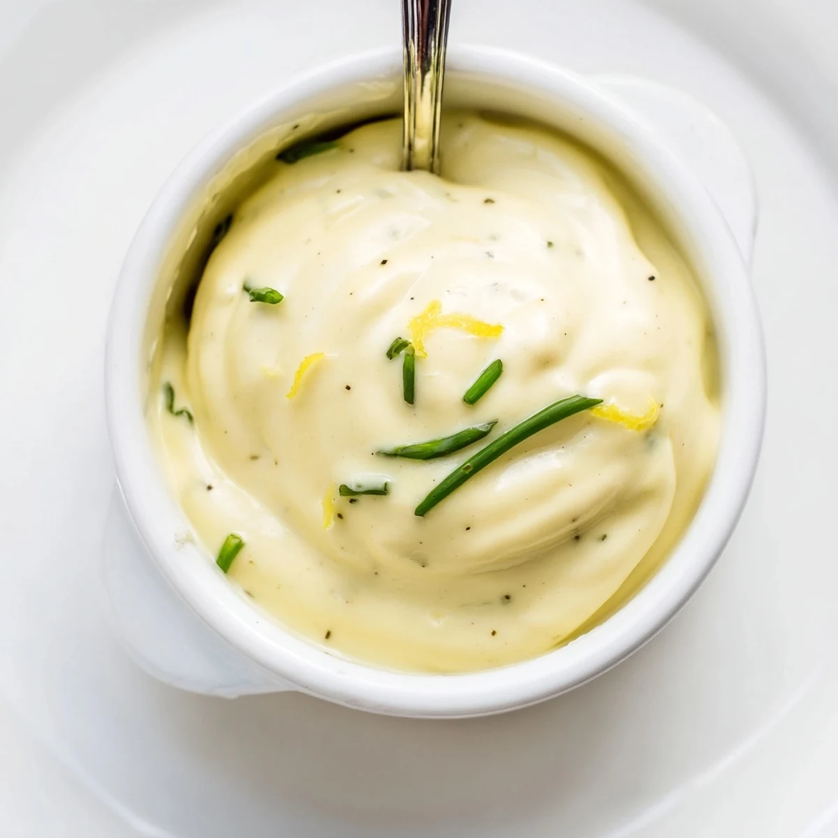 Spoonful of Creamy Tangy Sauce dripped over roasted vegetables, bright tang