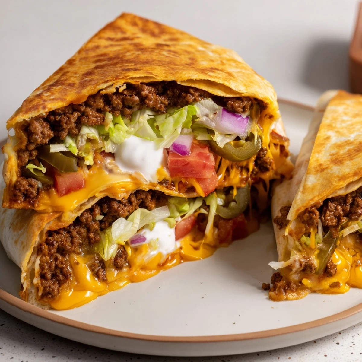 A hand holding Ultimate Cheesy Beef Crunch Wraps with crispy tostada crunch