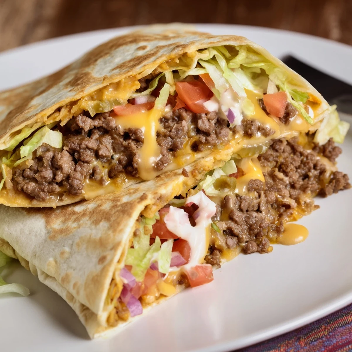 Ultimate Cheesy Beef Crunch Wraps sliced, molten cheddar oozing, toasted golden edges