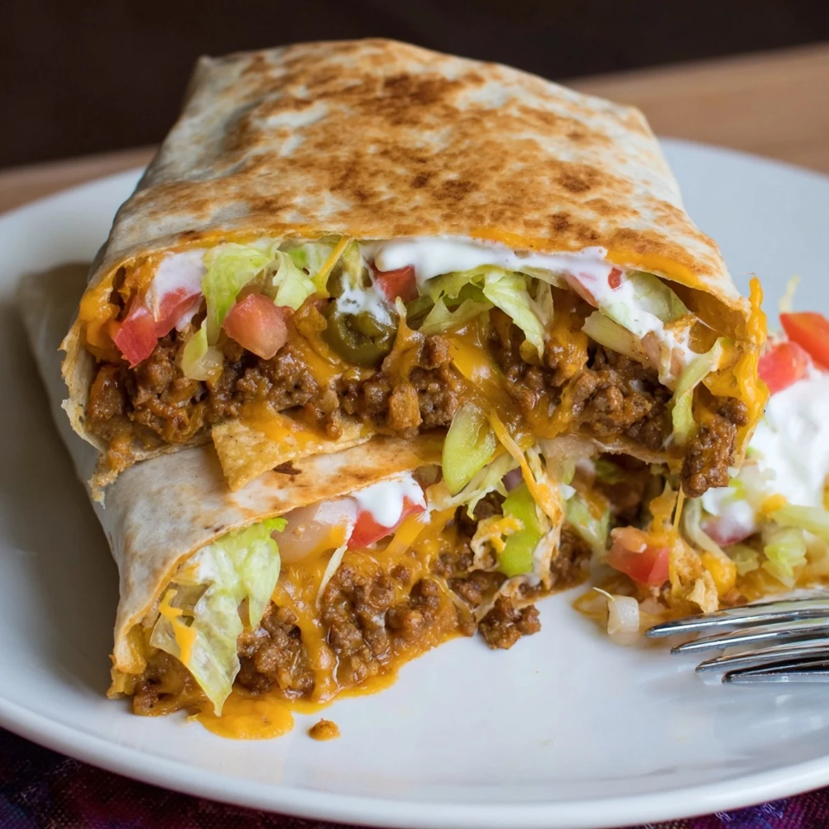 Plate of Ultimate Cheesy Beef Crunch Wraps served hot with sour cream