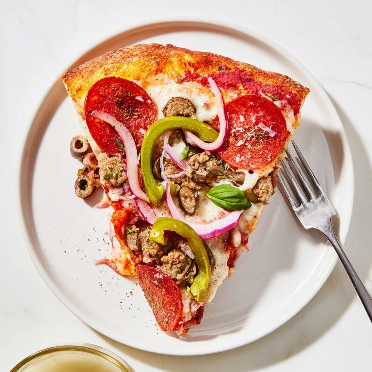 Fresh-baked Focaccia Pizza Supreme sliced on a pan, fragrant olive oil drizzle.