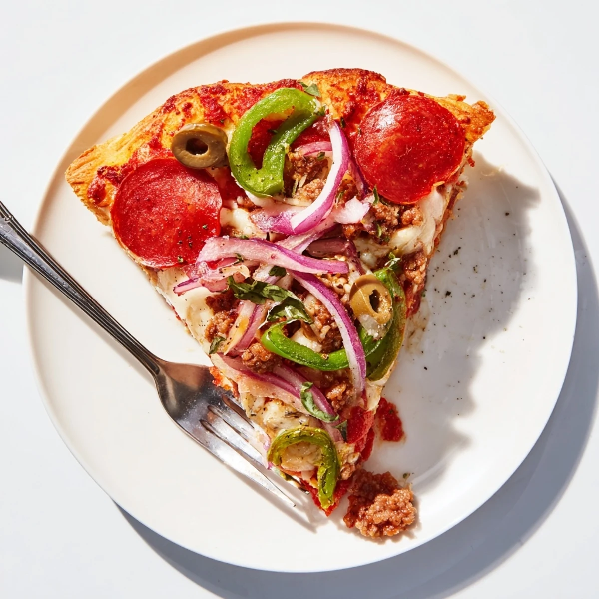 Hearty Focaccia Pizza Supreme topped with savory sausage, crisp peppers, melting cheese.