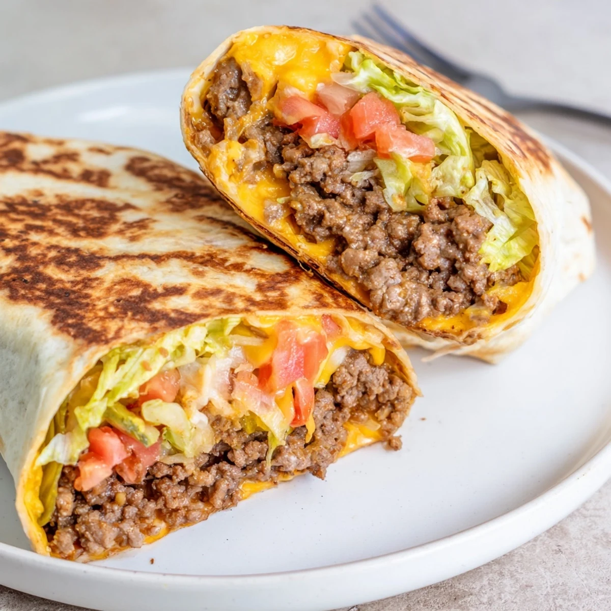 Cheeseburger Wrap Recipe: warm tortilla hugging melty cheddar and seasoned beef