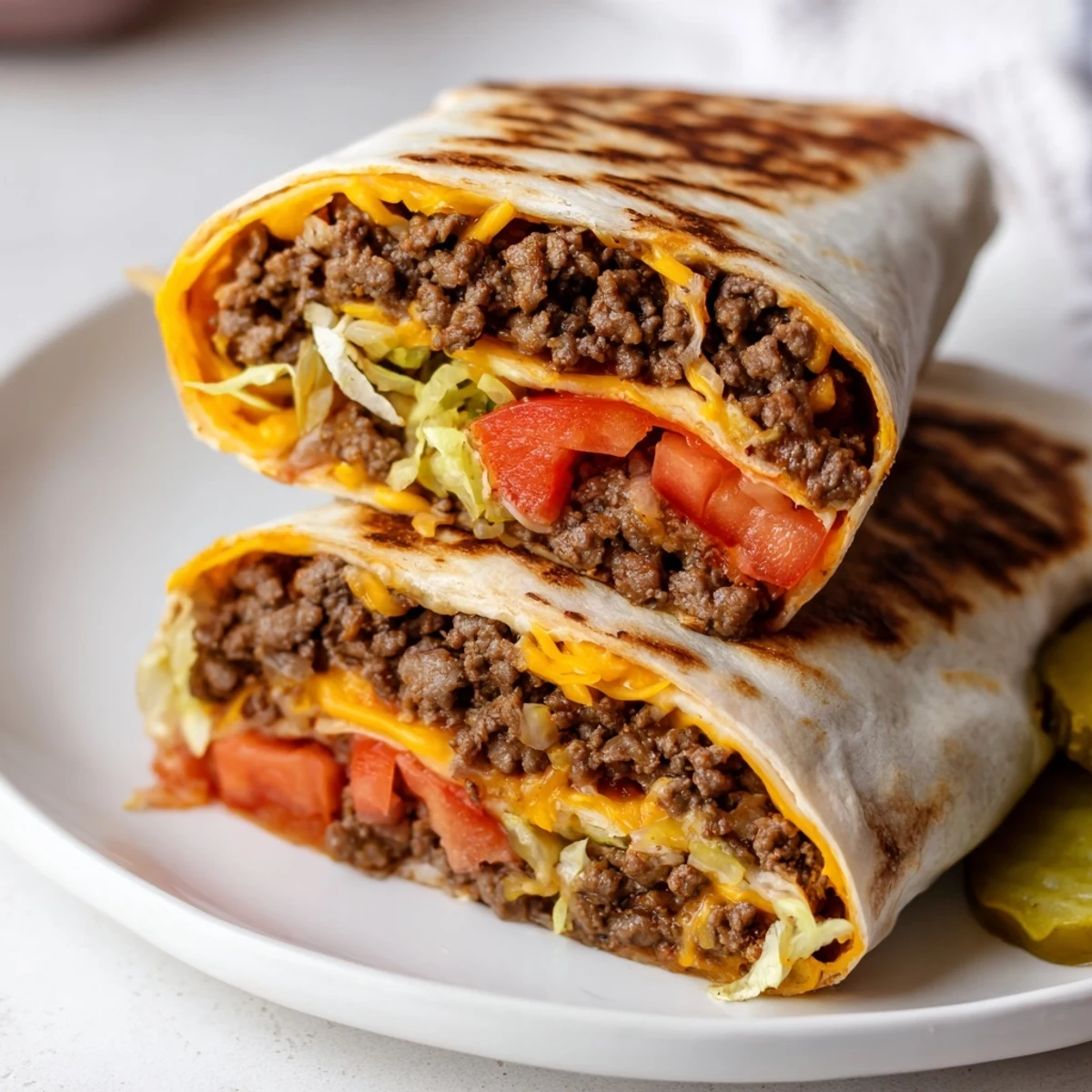 Skillet-grilled Cheeseburger Wrap Recipe with crisp lettuce, diced tomato, tangy pickles
