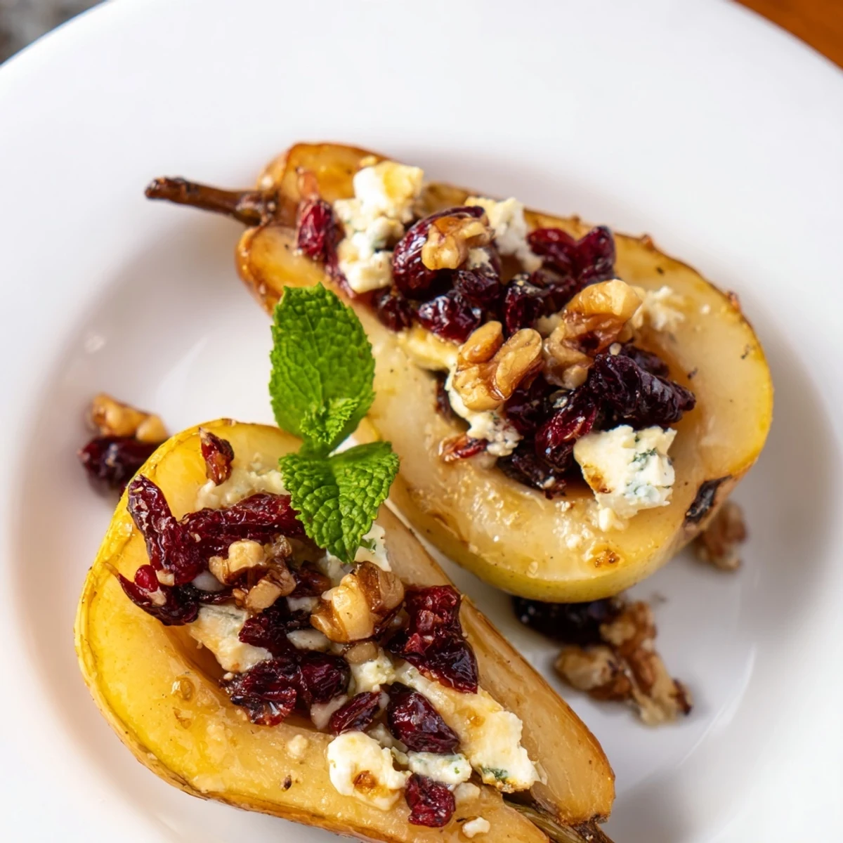Baked Pears With Feta Honey Cranberries, warm and caramelized, garnished with mint