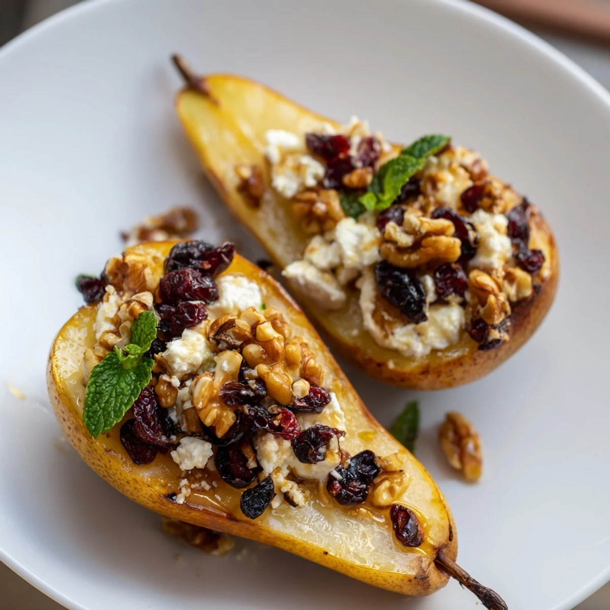 Warm Baked Pears With Feta Honey Cranberries served with a dollop of yogurt